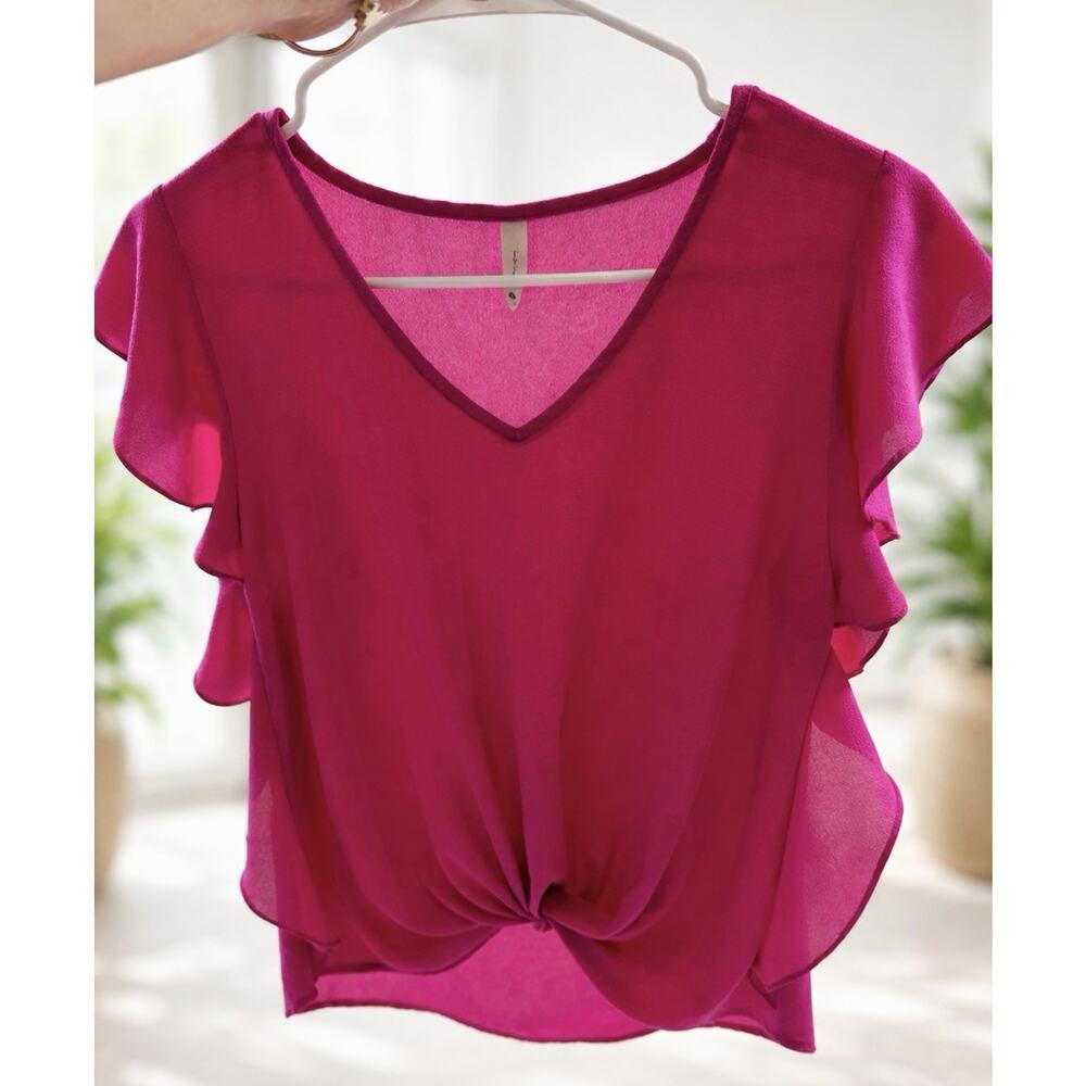 Tyche Fuchsia Blouse Women’s Size S Pink V-Neck Twist Front Flutter Sleeve Top